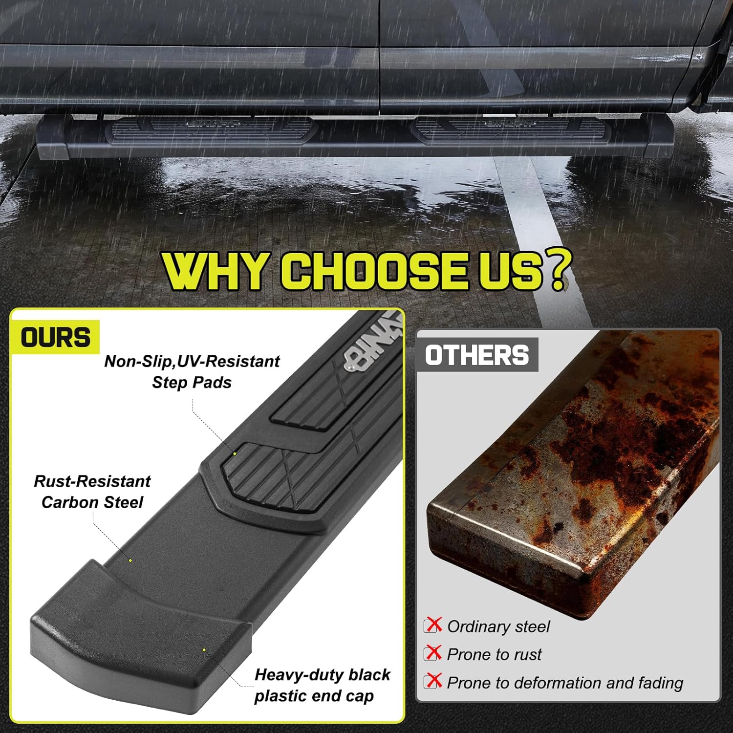 Running boards crafted from high-gloss stainless steel and featuring anti-slip plastic steps, are capable of supporting up to 500 LBS.