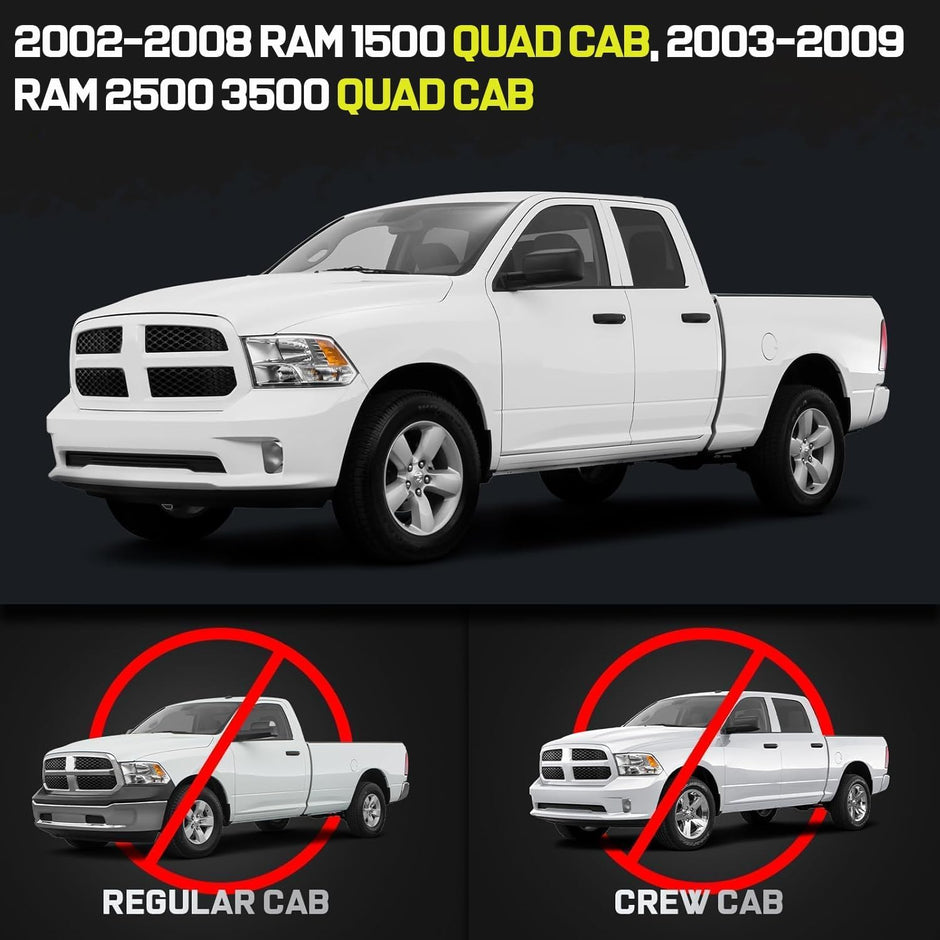 Truck running boards compatible with 2002-2008 Dodge Ram 1500 Quad Cab / 2003-2009 Dodge Ram 2500 / 3500 Quad Cab With 3/4 Size Rear Doors(Exclude Daytona, Rumble Bee and SRT-10 models). Only Fit For Quad Cab. Not For Mega or Regular Cab.