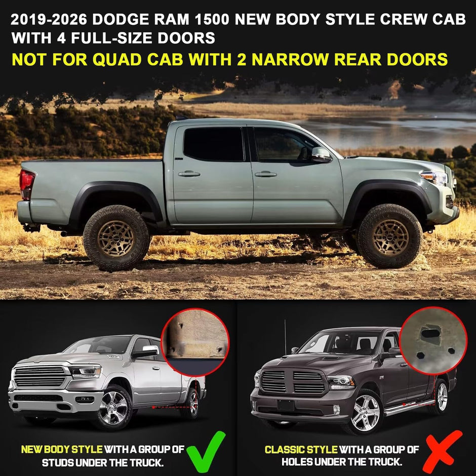 Truck running boards compatible with 2019-2026 Dodge Ram 1500 Crew Cab with 4 Full-size Doors. Only fit for ram 1500 new body style, not for classic model or ram 2500 3500 . It does not fit for Quad Cab with 2 half-size rear doors.