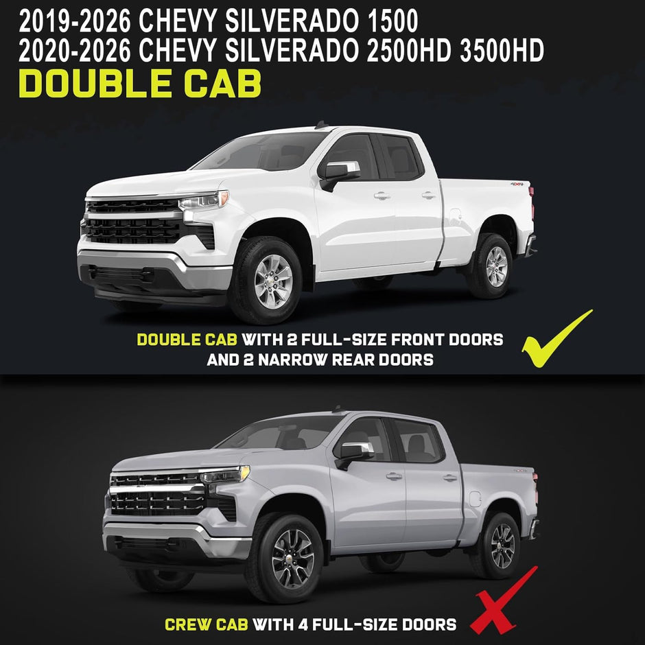 Truck running boards compatible with 2019-2026 chevy silverado/gmc sierra 1500 double cab, 2020-2026 silverado/gmc sierra 2500hd 3500hd double cab wtih 2 narrow rear doors. Not compatible with crew cab with 4 full-size doors. Does not fit 2019 silverado/sierra 1500 ld/litimted.