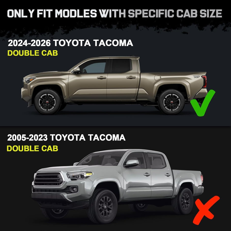 Truck running boards compatible with 2024-2026 Toyota Tacoma Double Cab with 4 Full-size Doors. Only for 2024-2026 year model. It does not fit for Access Cab with 2 half-size rear doors.