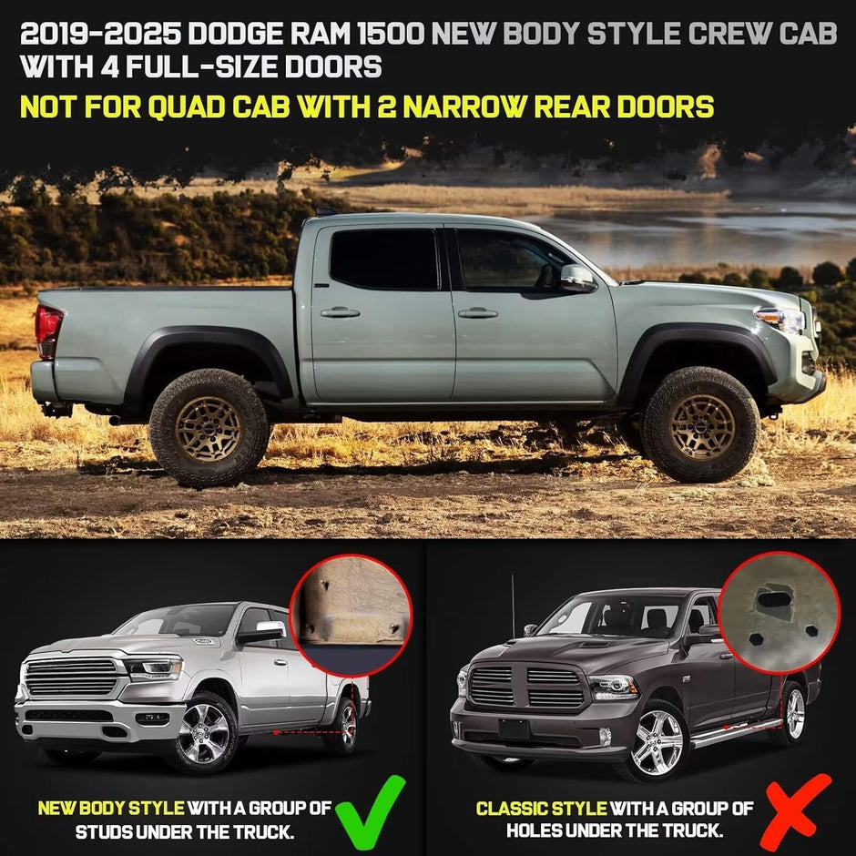Truck running boards Compatible with 2019-2025 Dodge Ram 1500 Crew Cab with 4 Full-size Doors. Only fit for ram 1500 new body style, not for classic model or ram 2500 3500 . It does not for Quad Cab with 2 half-size rear doors.