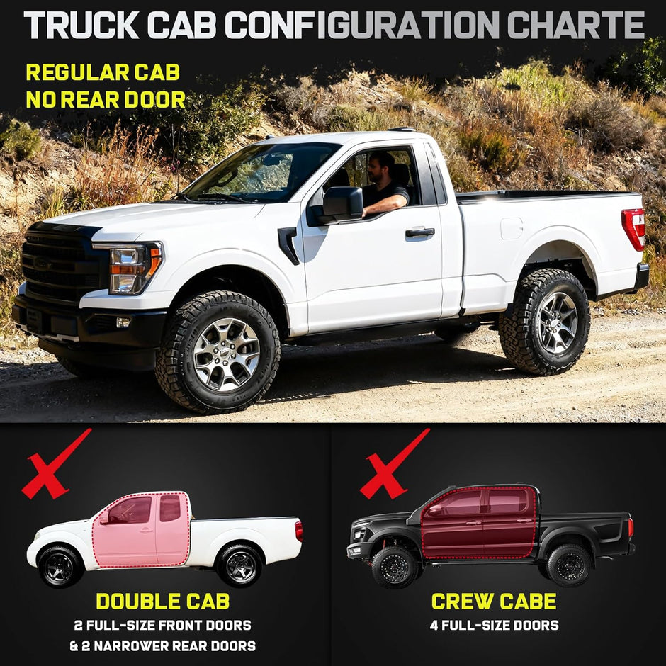 Truck running boards compatible with 1999-2016 Ford F250 F350 F450 Super Duty Regular Cab Single Cab Standard Cab, only fit Single/Regular/Standard/Reg Cab with 2 doors. Do not fit Crew Cab or Double Cab models.